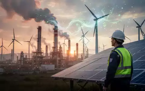 Eine weitläufige Industrielandschaft bei Sonnenaufgang, in der Fabrikschornsteine saubere Energie und Windturbinen symbolisieren. - Foto: über boerse-global.de