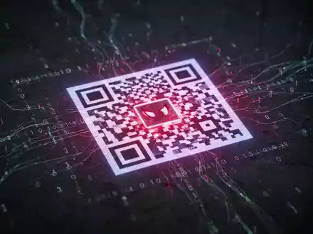 Ein leuchtender, digitaler QR-Code auf dunklem Hintergrund, umgeben von binärem Code und Datenströmen, symbolisiert Cybergefahr und Malware. - Foto: über boerse-global.de