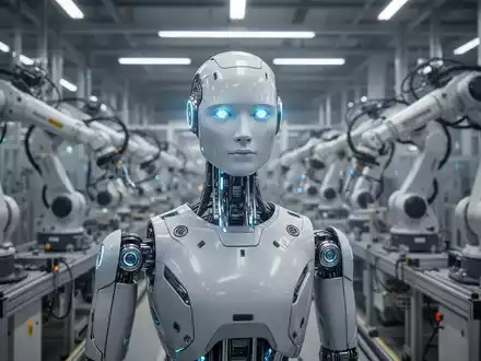 A sophisticated humanoid robot with glowing blue eyes in a modern, high-tech German factory setting. - Foto: über boerse-global.de