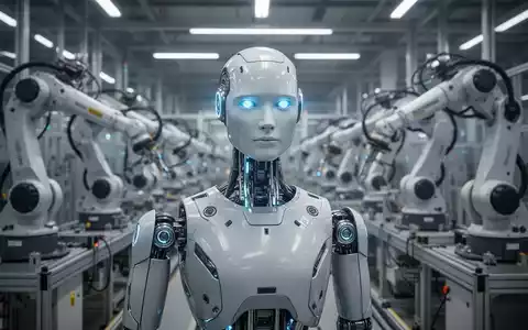 A sophisticated humanoid robot with glowing blue eyes in a modern, high-tech German factory setting. - Foto: über boerse-global.de