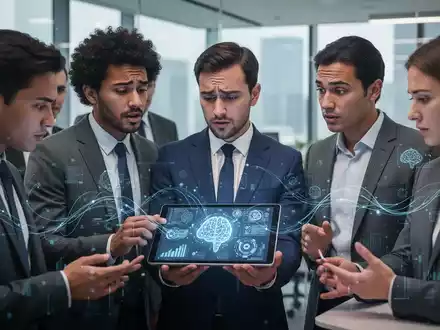 Geschäftsleute in einem modernen Büro, die digitale Werkzeuge nutzen und diskutieren, wobei einige Verwirrung oder Konzentration zeigen. - Foto: über boerse-global.de