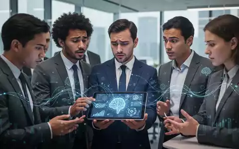 Geschäftsleute in einem modernen Büro, die digitale Werkzeuge nutzen und diskutieren, wobei einige Verwirrung oder Konzentration zeigen. - Foto: über boerse-global.de