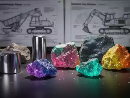 Nahaufnahme von glänzenden Niob- und farbigen Seltenerdmineralproben auf einem Labortisch. - Foto: über boerse-global.de