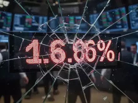 Zersplitterter Glas-Börsenticker mit stark negativem Prozentsatz, der einen Markteinbruch darstellt. - Foto: über boerse-global.de