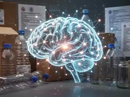 Eine futuristische Darstellung eines KI-Netzwerks, das über verschiedene Verpackungsmaterialien gelegt ist, symbolisiert die Automatisierung der EPR-Compliance. - Foto: über boerse-global.de