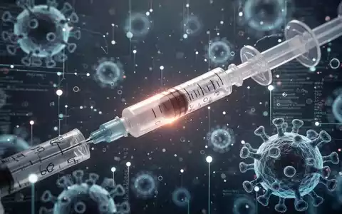 Nahaufnahme einer medizinischen Spritze mit abstrakten, leuchtenden biologischen Datenpunkten und Zellstrukturen im Hintergrund. - Foto: über boerse-global.de