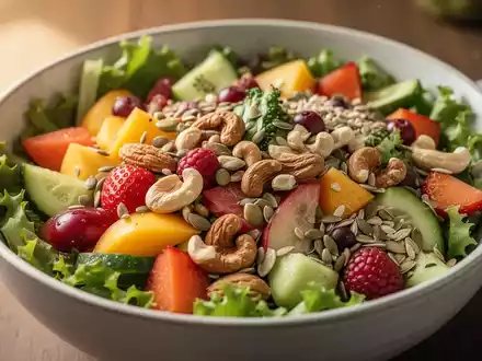 Eine Nahaufnahme einer bunten Salatschüssel mit frischem Gemüse, Obst, Nüssen und Samen, die eine gesunde Ernährung symbolisiert. - Foto: über boerse-global.de
