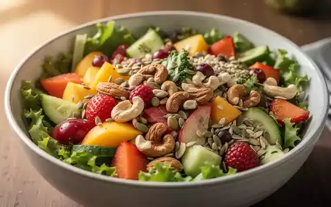 Eine Nahaufnahme einer bunten Salatschüssel mit frischem Gemüse, Obst, Nüssen und Samen, die eine gesunde Ernährung symbolisiert. - Foto: über boerse-global.de