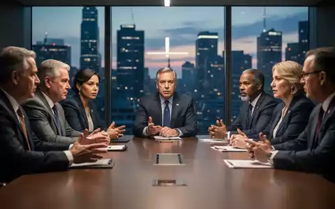Eine Gruppe von Gewerkschaftsführern sitzt an einem Konferenztisch und diskutiert ernsthaft über wichtige politische Entscheidungen. - Foto: über boerse-global.de