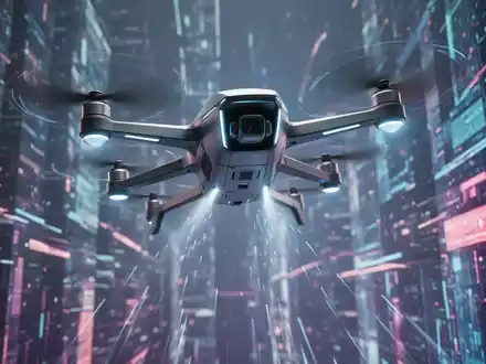 Eine futuristische Drohne fliegt dynamisch nach oben, umgeben von einer abstrakten digitalen Landschaft, die Technologie und Innovation symbolisiert. - Foto: über boerse-global.de