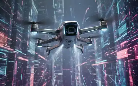 Eine futuristische Drohne fliegt dynamisch nach oben, umgeben von einer abstrakten digitalen Landschaft, die Technologie und Innovation symbolisiert. - Foto: über boerse-global.de