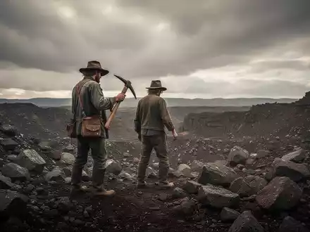 Ein einsamer Prospektor mit Spitzhacke in einer weiten, felsigen Landschaft unter dramatischem Himmel, der auf Daten wartet. - Foto: über boerse-global.de