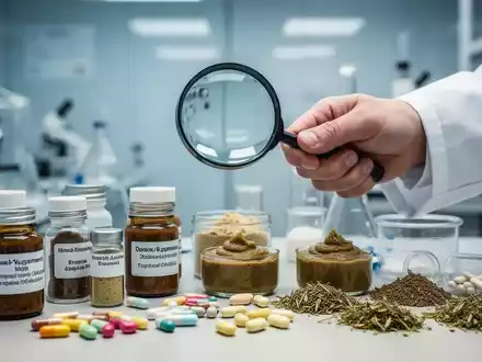 Eine Hand im Laborkittel hält eine Lupe über Nahrungsergänzungsmittel und Pasten, was auf versteckte Inhaltsstoffe hindeutet. - Foto: über boerse-global.de