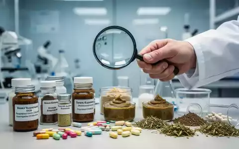 Eine Hand im Laborkittel hält eine Lupe über Nahrungsergänzungsmittel und Pasten, was auf versteckte Inhaltsstoffe hindeutet. - Foto: über boerse-global.de