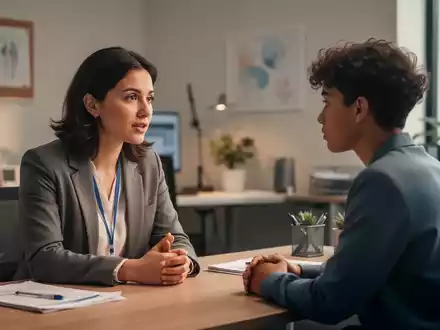 Eine Sozialarbeiterin spricht einfühlsam mit einem jungen Menschen in einem modernen Büro, das Vertrauen und Unterstützung ausstrahlt. - Foto: über boerse-global.de