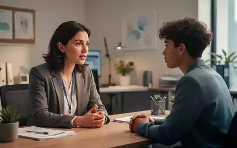 Eine Sozialarbeiterin spricht einfühlsam mit einem jungen Menschen in einem modernen Büro, das Vertrauen und Unterstützung ausstrahlt. - Foto: über boerse-global.de