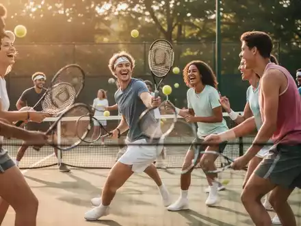 Eine Gruppe junger Erwachsener spielt lachend Tennis auf einem sonnigen Außenplatz, symbolisierend Sport und soziale Interaktion. - Foto: über boerse-global.de