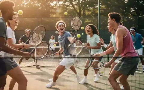 Eine Gruppe junger Erwachsener spielt lachend Tennis auf einem sonnigen Außenplatz, symbolisierend Sport und soziale Interaktion. - Foto: über boerse-global.de