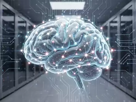 A glowing, interconnected digital brain representing AI intelligence, overlaying a background of a modern data center. - Foto: über boerse-global.de