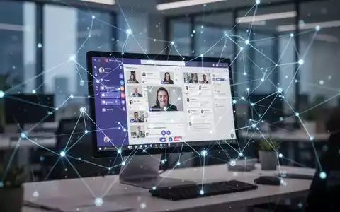 A glowing blue digital network overlaid on a blurred office environment with a computer screen showing Microsoft Teams, symbolizing performance optimization. - Foto: über boerse-global.de
