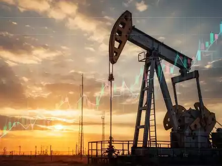 Ölbohrturm bei Sonnenuntergang mit angedeutetem Aufwärtstrend in einem Diagramm. - Foto: über boerse-global.de