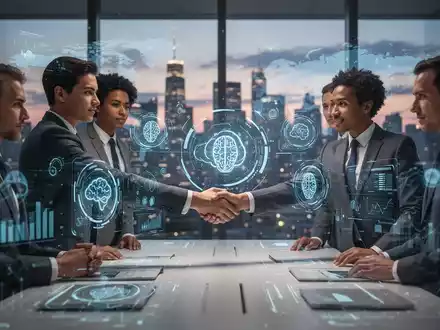 Business professionals in a modern office interacting with holographic AI interfaces, symbolizing KPMG's global deployment of Microsoft Copilot. - Foto: über boerse-global.de