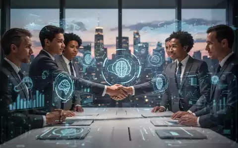 Business professionals in a modern office interacting with holographic AI interfaces, symbolizing KPMG's global deployment of Microsoft Copilot. - Foto: über boerse-global.de