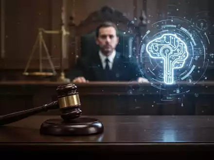 A stylized courtroom scene with a gavel, a blurred figure, and a glowing digital interface representing AI in the background. - Foto: über boerse-global.de