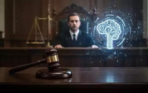 A stylized courtroom scene with a gavel, a blurred figure, and a glowing digital interface representing AI in the background. - Foto: über boerse-global.de