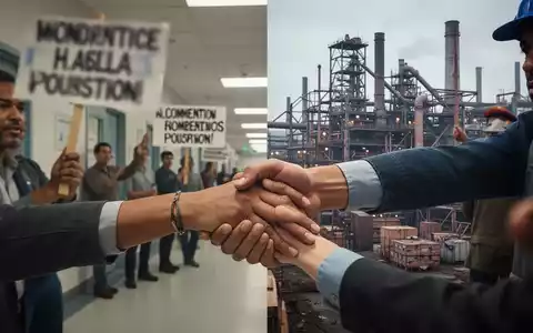Hände, die Protestschilder halten, und Hände, die sich bei Verhandlungen verschränken, vor dem Hintergrund eines Krankenhauses und einer Stahlfabrik. - Foto: über boerse-global.de