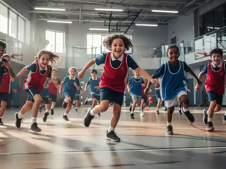 Schulkinder spielen in einer modernen Turnhalle. Die Kinder tragen Sportkleidung und sind in Bewegung. - Foto: über boerse-global.de