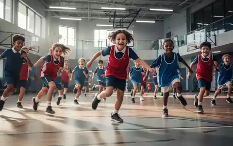 Schulkinder spielen in einer modernen Turnhalle. Die Kinder tragen Sportkleidung und sind in Bewegung. - Foto: über boerse-global.de