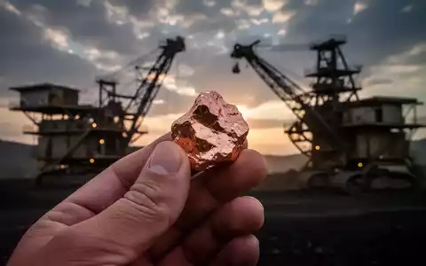 Eine Hand hält ein poliertes Kupfererzstück, im Hintergrund verschwommen Bergbauausrüstung unter dramatischem Himmel. - Foto: über boerse-global.de