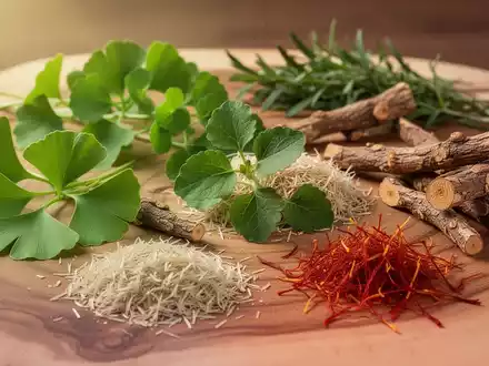 Nahaufnahme verschiedener Heilkräuter und Pflanzenextrakte wie Ginkgo, Bacopa, Berberin, Flohsamen und Safran auf Holz. - Foto: über boerse-global.de