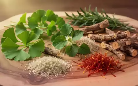 Nahaufnahme verschiedener Heilkräuter und Pflanzenextrakte wie Ginkgo, Bacopa, Berberin, Flohsamen und Safran auf Holz. - Foto: über boerse-global.de