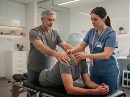 Eine Physiotherapeutin hilft einem Patienten bei einer Rückenübung in einer modernen, hellen Praxis. - Foto: über boerse-global.de