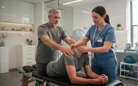 Eine Physiotherapeutin hilft einem Patienten bei einer Rückenübung in einer modernen, hellen Praxis. - Foto: über boerse-global.de