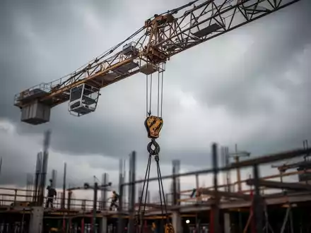 Ein riesiger Baukräne über einer Baustelle unter einem bewölkten Himmel, der ein Gefühl von Risiko und menschlichem Versagen hervorruft. - Foto: über boerse-global.de