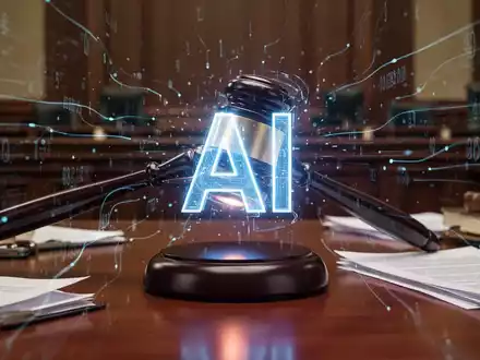 A digital gavel striking a glowing AI symbol on a courtroom desk, symbolizing legal accountability for artificial intelligence. - Foto: über boerse-global.de