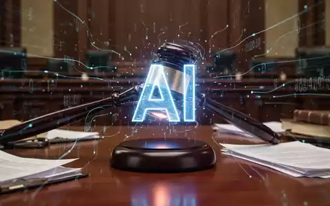 A digital gavel striking a glowing AI symbol on a courtroom desk, symbolizing legal accountability for artificial intelligence. - Foto: über boerse-global.de