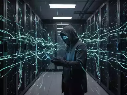 Abstract representation of cybersecurity threats with digital data streams and a subtle, dark server room background. - Foto: über boerse-global.de
