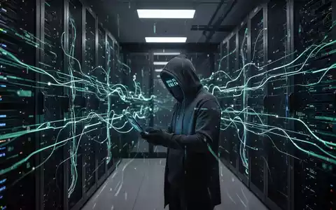 Abstract representation of cybersecurity threats with digital data streams and a subtle, dark server room background. - Foto: über boerse-global.de