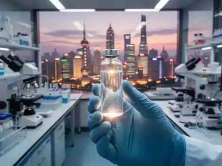 Eine Hand hält eine leuchtende Ampulle in einem modernen chinesischen Labor, mit unscharfer Shanghai-Skyline im Hintergrund. - Foto: über boerse-global.de