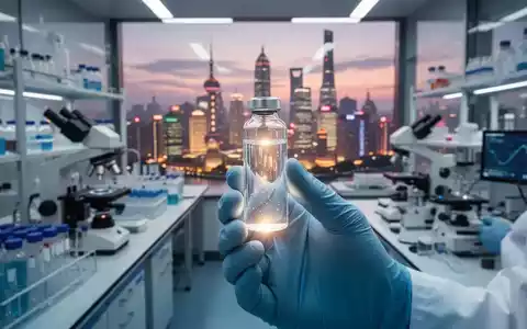 Eine Hand hält eine leuchtende Ampulle in einem modernen chinesischen Labor, mit unscharfer Shanghai-Skyline im Hintergrund. - Foto: über boerse-global.de