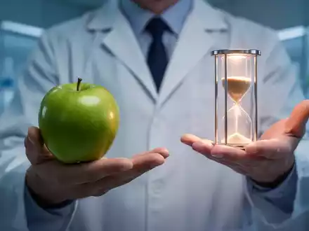 Eine Person balanciert einen grünen Apfel und eine schmale, leuchtende Sanduhr, die fast leer ist, vor einem verschwommenen Hintergrund. - Foto: über boerse-global.de