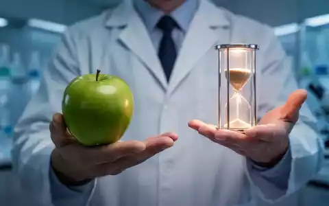 Eine Person balanciert einen grünen Apfel und eine schmale, leuchtende Sanduhr, die fast leer ist, vor einem verschwommenen Hintergrund. - Foto: über boerse-global.de