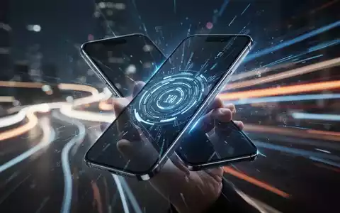 Ein Smartphone mit einem leuchtenden Bildschirm, gehalten von einer Hand, vor einem Hintergrund aus verschwommenen, dynamischen Lichtspuren. - Foto: über boerse-global.de