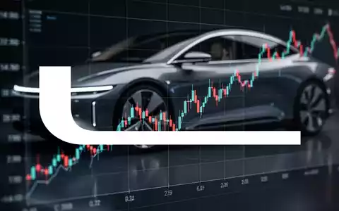 Ein nach unten zeigender Börsenchart auf einem Bildschirm, im Hintergrund verschwommen ein Luxus-Elektroauto. - Foto: über boerse-global.de