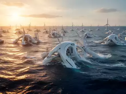 Eine weitläufige Anordnung moderner Wellenenergiekonverter auf dem Meer bei Sonnenaufgang, die Innovation und saubere Energie symbolisiert. - Foto: über boerse-global.de