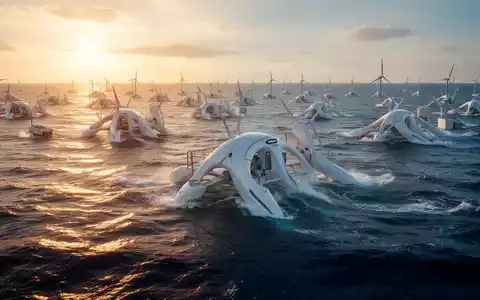 Eine weitläufige Anordnung moderner Wellenenergiekonverter auf dem Meer bei Sonnenaufgang, die Innovation und saubere Energie symbolisiert. - Foto: über boerse-global.de